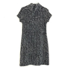 Vintage Y2K Sweater Dress Womens Size Small Black Grey Mini Holiday Dress Fuzzy